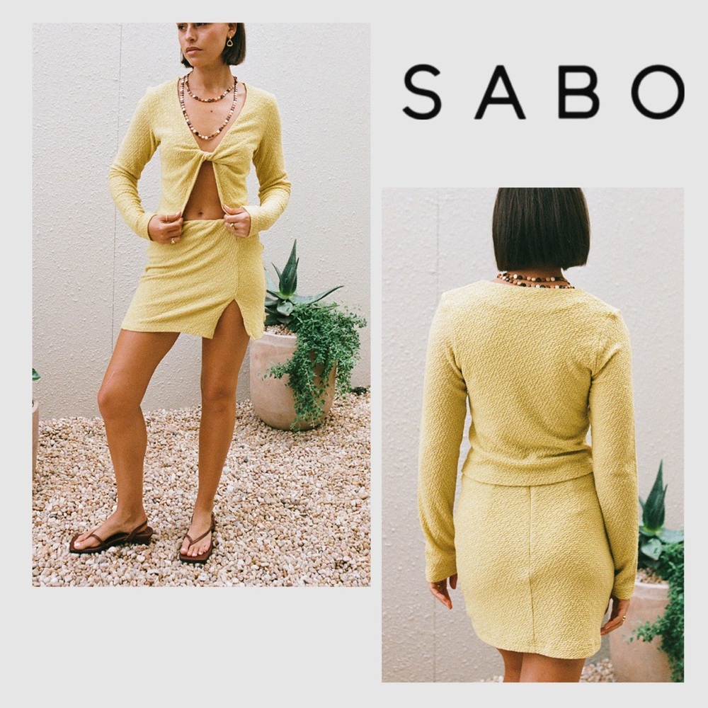Sabo Yellow Textured Knit Skirt Set - Long Sleeve Crop Top & Mini Skirt
